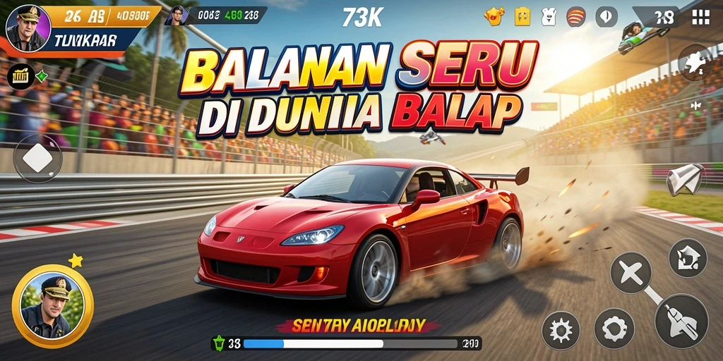Screenshot dari gameplay balap di 73K dengan mobil yang melaju kencang.