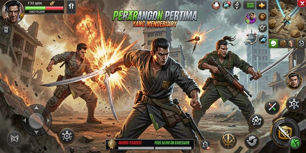 Screenshot utama F32 menampilkan pertarungan yang intens dan karakter dengan desain menarik.