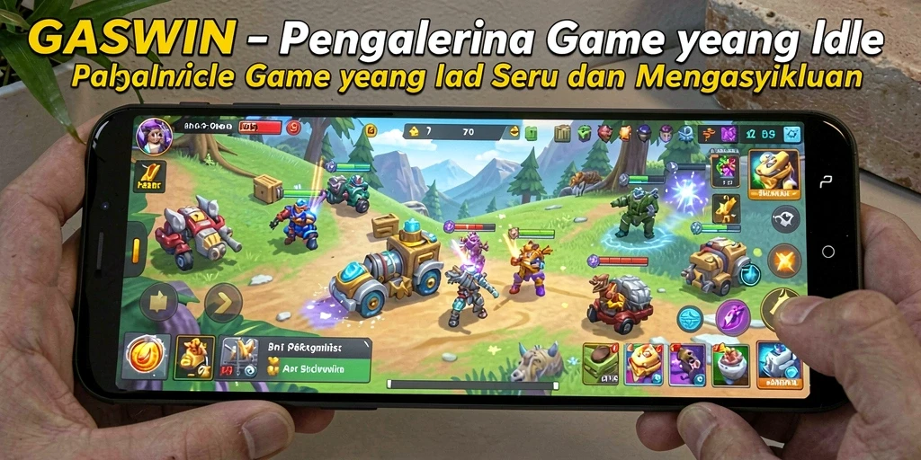 Tampilan gameplay GASWIN yang mengasyikkan dengan karakter yang bekerja otomatis.