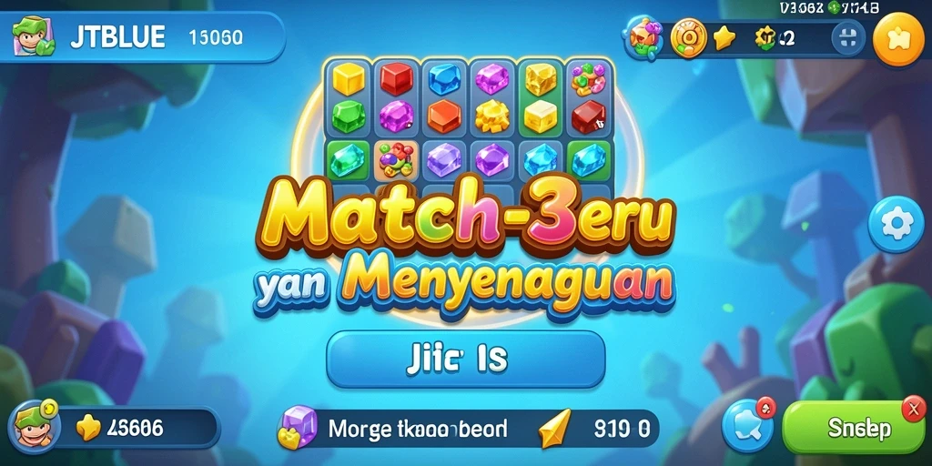 Tangkapan layar utama JTBLUE menampilkan pengalaman bermain game Match-3 yang seru.