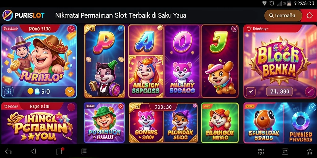 Screenshot gameplay utama PURISLOT yang menunjukkan slot yang penuh warna dan menarik.