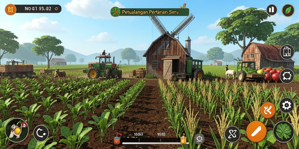 Gameplay W67 yang menampilkan aktivitas bertani yang seru.